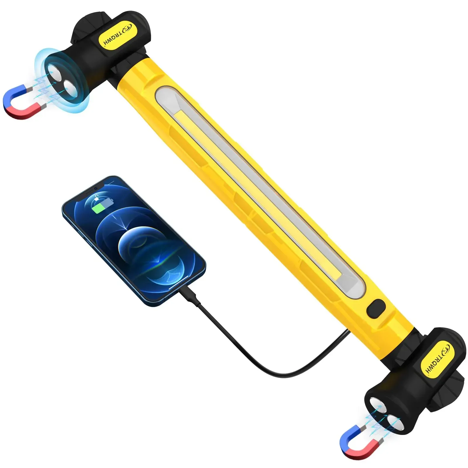 Yellow rechargeable LED work light bar built with strong magnet and hanging hooks, specially designed as under-hood lighting for auto repair, also applicable for garage maintenance and outdoor camping use, free shipping and cash on delivery.