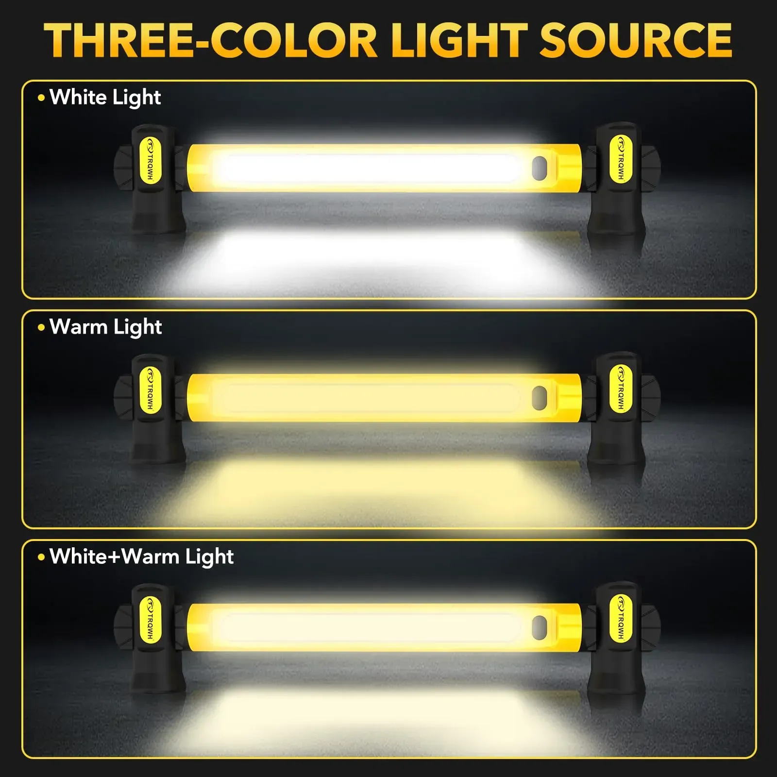 Yellow rechargeable LED work light bar built with strong magnet and hanging hooks, specially designed as under-hood lighting for auto repair, also applicable for garage maintenance and outdoor camping use, free shipping and cash on delivery.