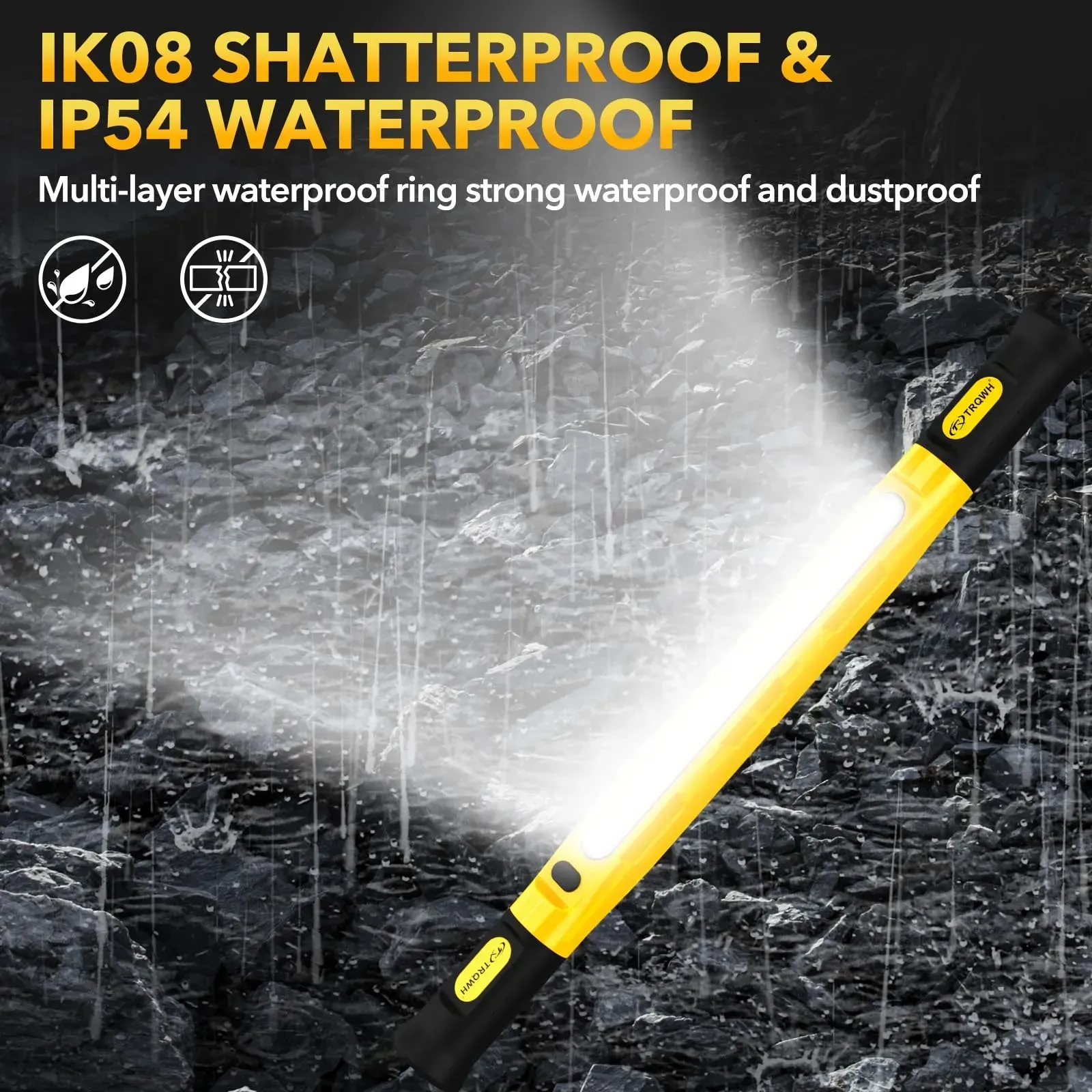 Yellow rechargeable LED work light bar built with strong magnet and hanging hooks, specially designed as under-hood lighting for auto repair, also applicable for garage maintenance and outdoor camping use, free shipping and cash on delivery.