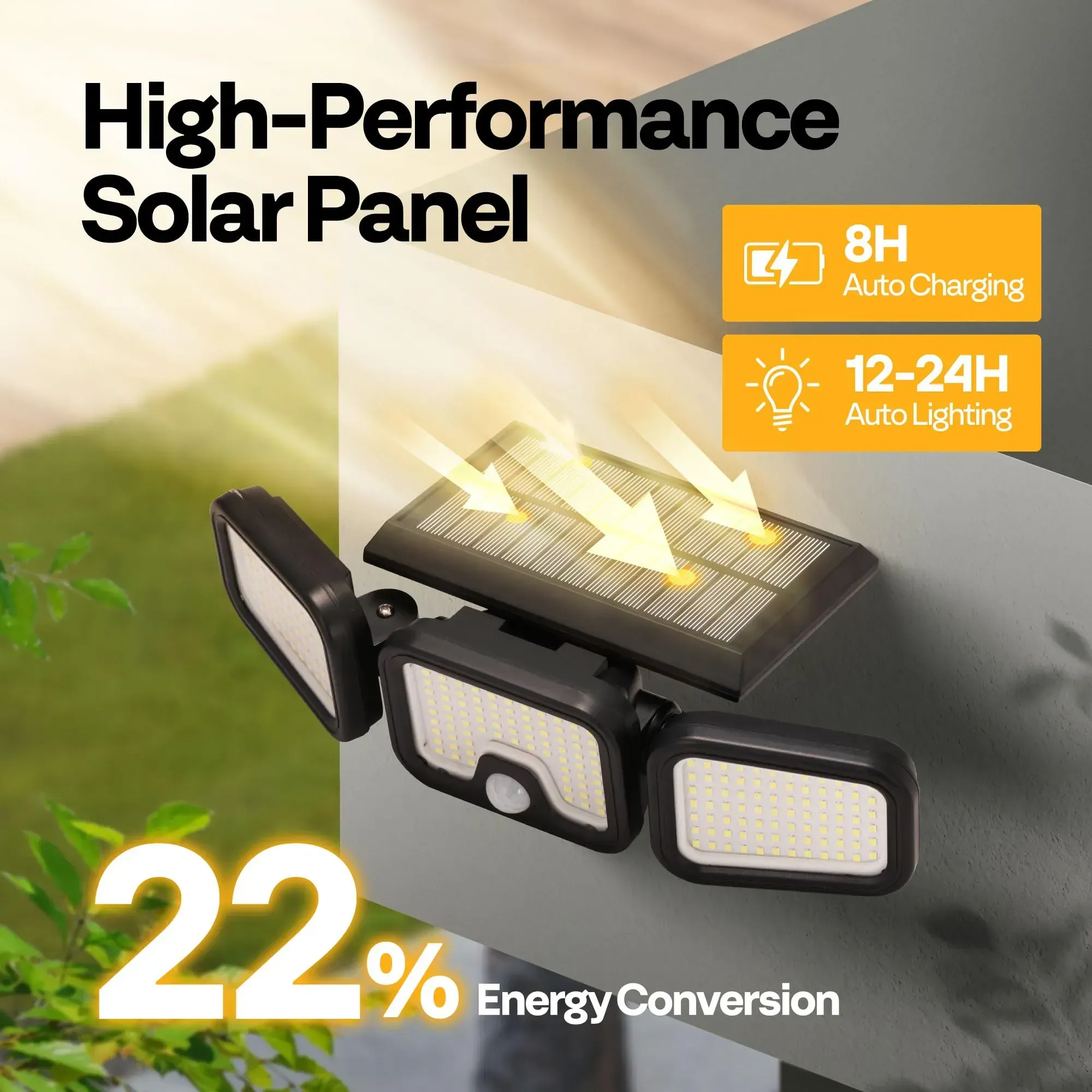 Solar powered security flood light equipped with human motion sensor, three adjustable lamp heads delivering 270° wide illumination range, IP65 waterproof rating durable for outdoor use, great lighting solution for porch, courtyard and yard, free shipping and cash on delivery.