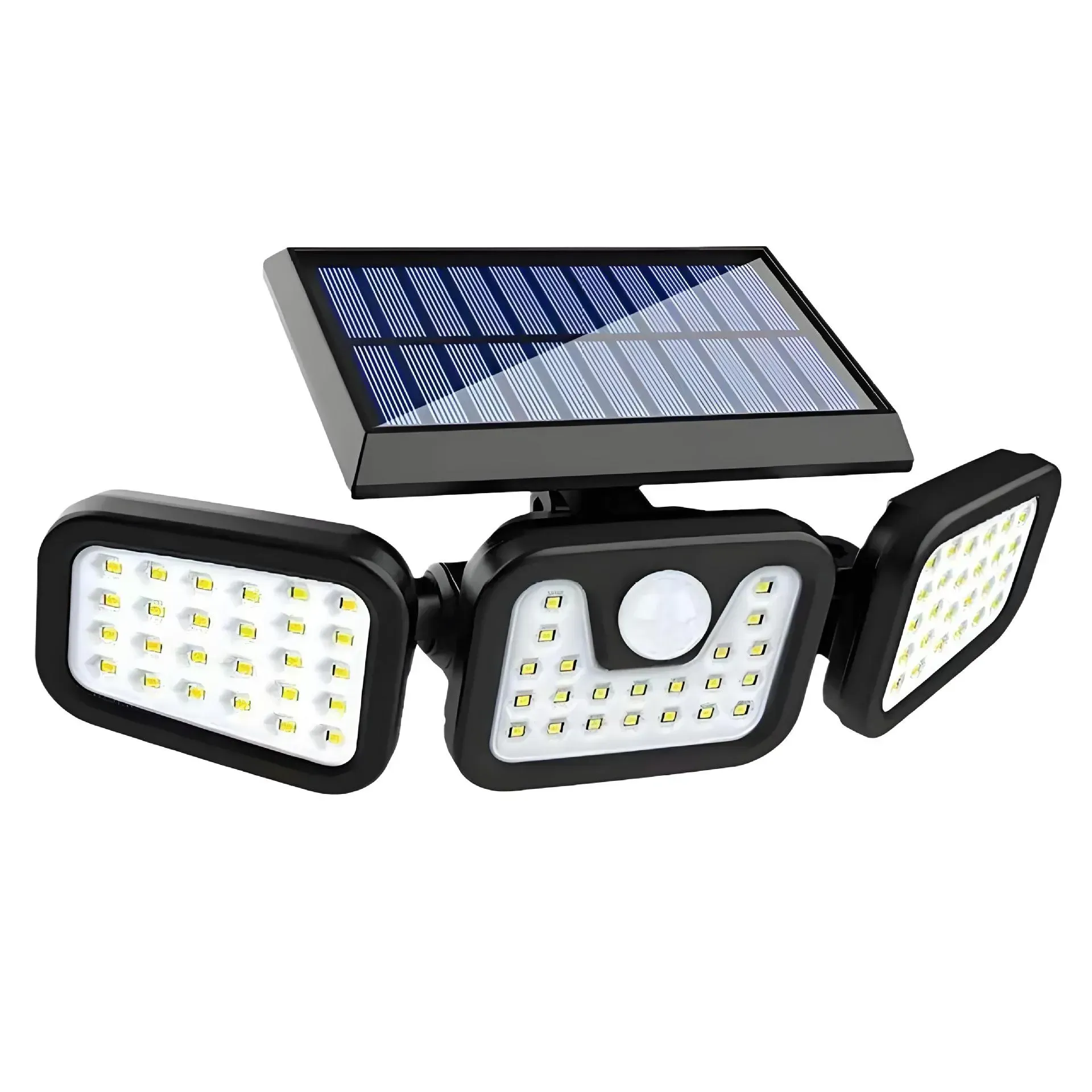 Solar powered security flood light equipped with human motion sensor, three adjustable lamp heads delivering 270° wide illumination range, IP65 waterproof rating durable for outdoor use, great lighting solution for porch, courtyard and yard, free shipping and cash on delivery.
