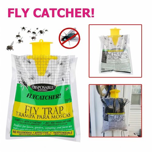 Disposable fly trap bags for outdoor use, mess-free design to catch flies efficiently, ideal for yards, gardens, farms and horse ranches, free shipping and cash on delivery.