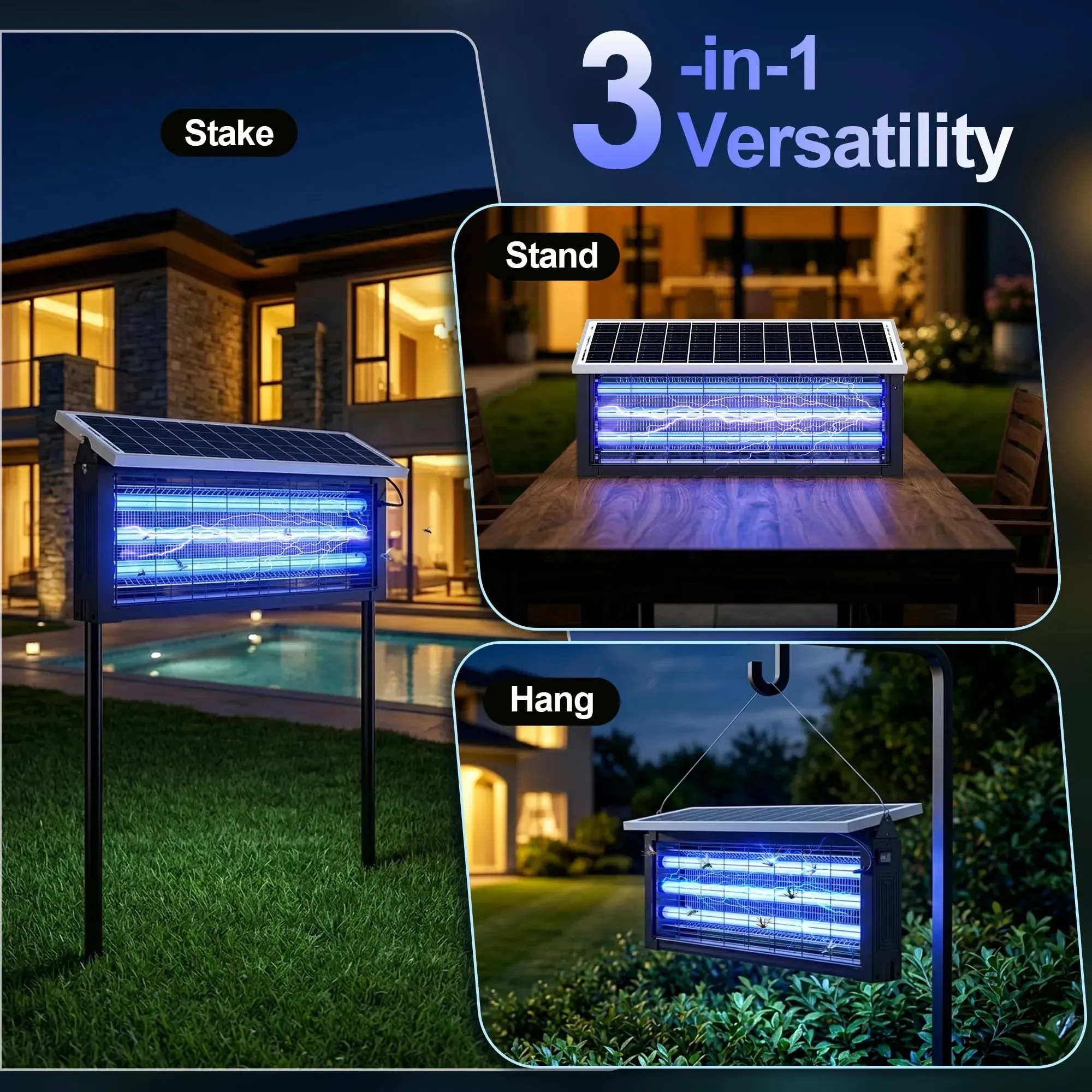 Waterproof solar-powered insect and mosquito killer, rechargeable fly trap and mosquito repellent, perfect for patio, backyard and camping outdoor scenes, free shipping and cash on delivery