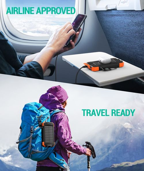 🔥HOT SALE🔥 COD！20000mAh Portable Solar Charger Power Bank with LED Flashlight - Dual USB-A Output, Waterproof Outdoor Design with Compass & Carabiner for Phone Android