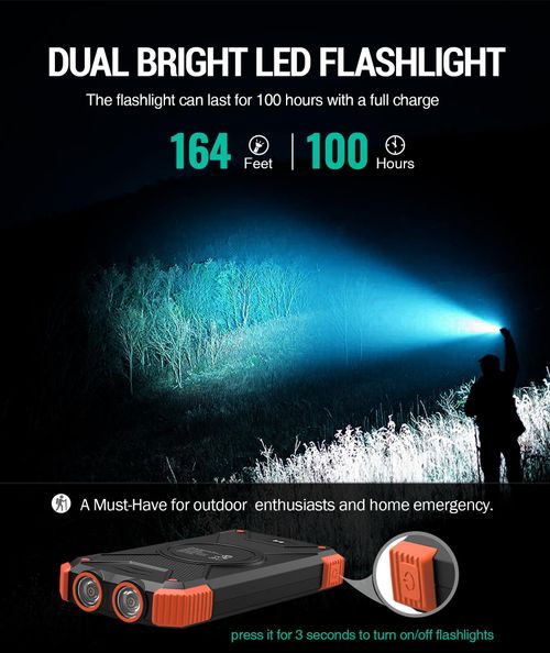 🔥HOT SALE🔥 COD！20000mAh Portable Solar Charger Power Bank with LED Flashlight - Dual USB-A Output, Waterproof Outdoor Design with Compass & Carabiner for Phone Android