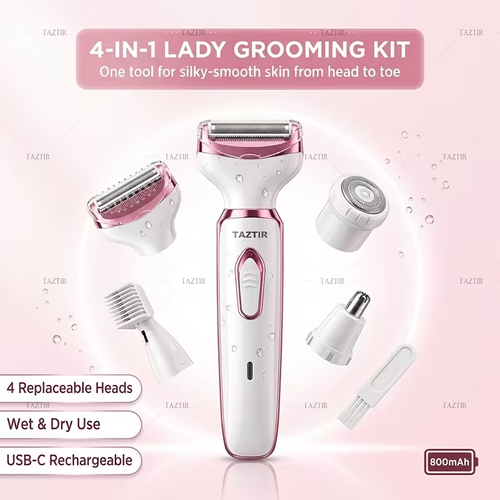 Electric Razor for Women, 4-in-1 Rechargeable Grooming Kit