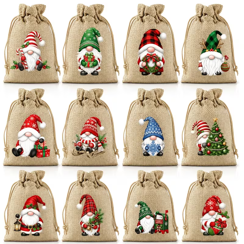 12pcs Set of 10x14cm New Christmas Gift Bags with Drawstring Closure