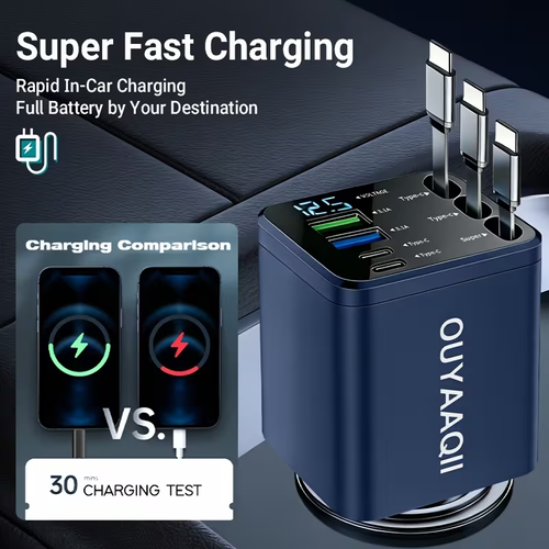 7-in-1 Car Fast Charging Mobile Phone Charger, Upgraded Color Light, Equipped With 3 Extendable Cables And Fast Charging Interface