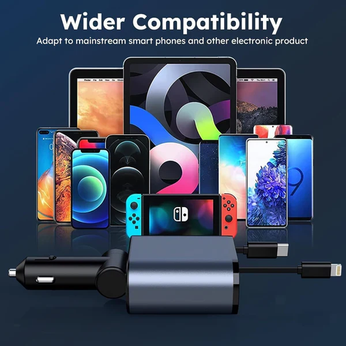 7-in-1 Car Fast Charging Mobile Phone Charger, Upgraded Color Light, Equipped With 3 Extendable Cables And Fast Charging Interface