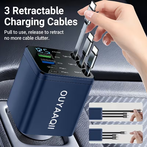 7-in-1 Car Fast Charging Mobile Phone Charger, Upgraded Color Light, Equipped With 3 Extendable Cables And Fast Charging Interface