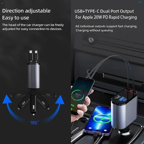 7-in-1 Car Fast Charging Mobile Phone Charger, Upgraded Color Light, Equipped With 3 Extendable Cables And Fast Charging Interface