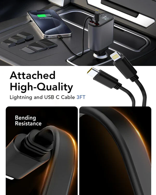 7-in-1 Car Fast Charging Mobile Phone Charger, Upgraded Color Light, Equipped With 3 Extendable Cables And Fast Charging Interface