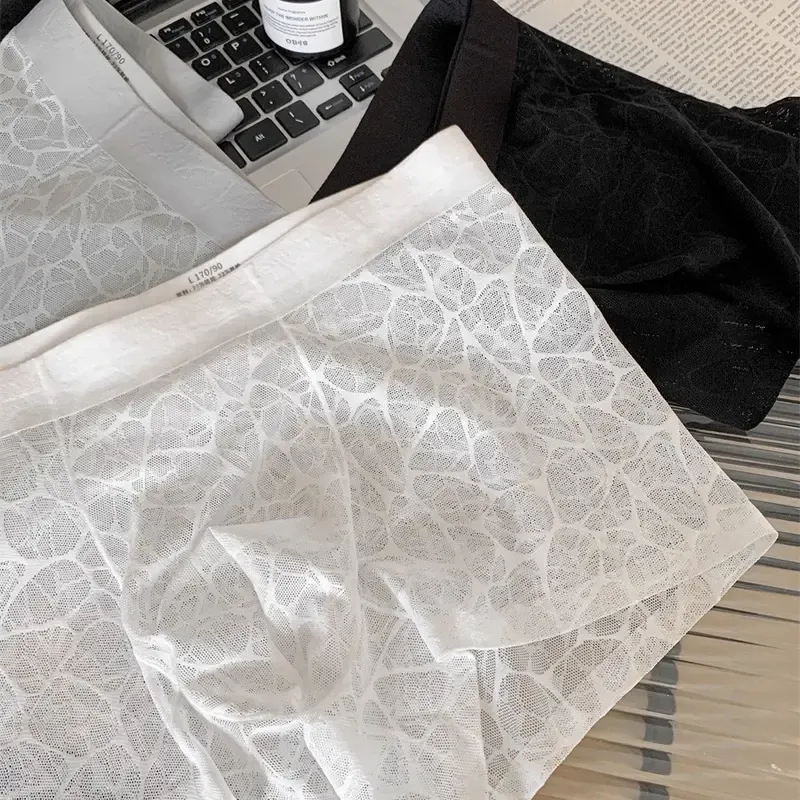 Men's Leopard Lace Boxer Briefs 4-Pack – Ice Silk Cooling, Ultra-Soft, Seamless See-Through, Anti-Odor Underwear