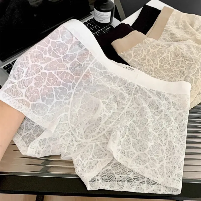 Men's Leopard Lace Boxer Briefs 4-Pack – Ice Silk Cooling, Ultra-Soft, Seamless See-Through, Anti-Odor Underwear