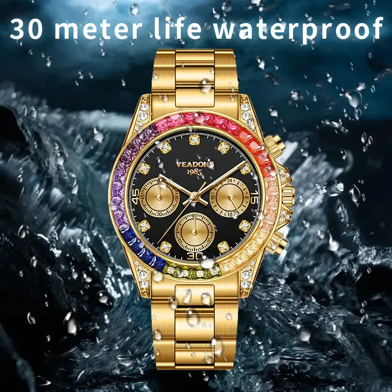 ⌚Shimmering Men's Business Fashion Rhinestone Decorated AnalogQuartz Watch Rainbow Crystal Chronograph Quartz Movement Luminous Date WaterResistant for Party Daily Wear Birthday