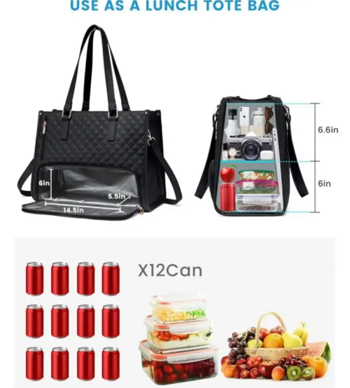 Large Women's Lunch Bags with Insulated Compartment 15.6inch Laptop Tote Bag with Leakproof Lunch Box Pocket Work Bag Handbag