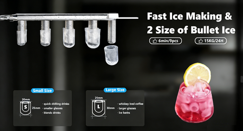 🧊 Perfect Ice. Ready in 6 Minutes. Premium bullet ice, two sizes, and smart self-cleaning — designed for effortless everyday luxury. 🧊 Fast Ice. Clean Ice. Smart Choice.