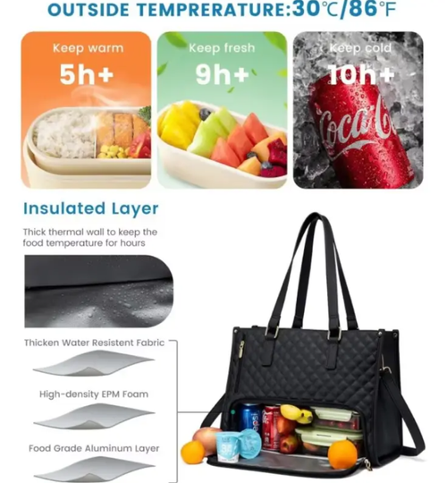 Large Women's Lunch Bags with Insulated Compartment 15.6inch Laptop Tote Bag with Leakproof Lunch Box Pocket Work Bag Handbag