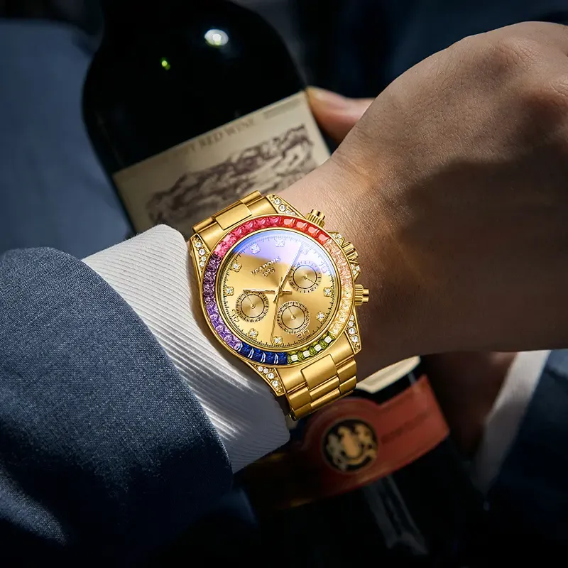 ⌚Shimmering Men's Business Fashion Rhinestone Decorated AnalogQuartz Watch Rainbow Crystal Chronograph Quartz Movement Luminous Date WaterResistant for Party Daily Wear Birthday