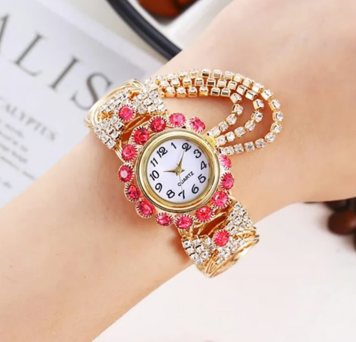 Luxury Women's Rhinestone Quartz Dress Wristwatches Elastic Band Unique Bracelet Watch