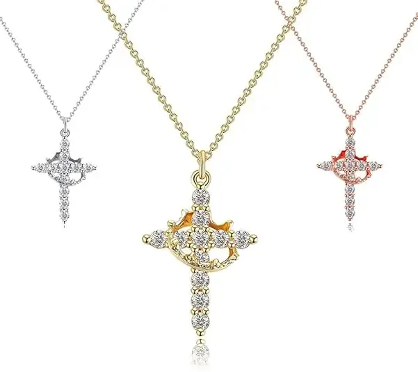 「Crown & Cross Pendant Necklace | Light Luxury Multi-Hue Design for Daily & Occasional Elegance」