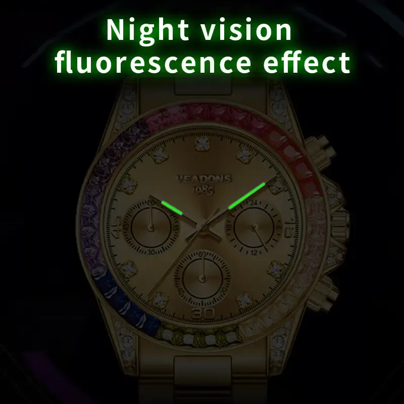 ⌚Shimmering Men's Business Fashion Rhinestone Decorated AnalogQuartz Watch Rainbow Crystal Chronograph Quartz Movement Luminous Date WaterResistant for Party Daily Wear Birthday