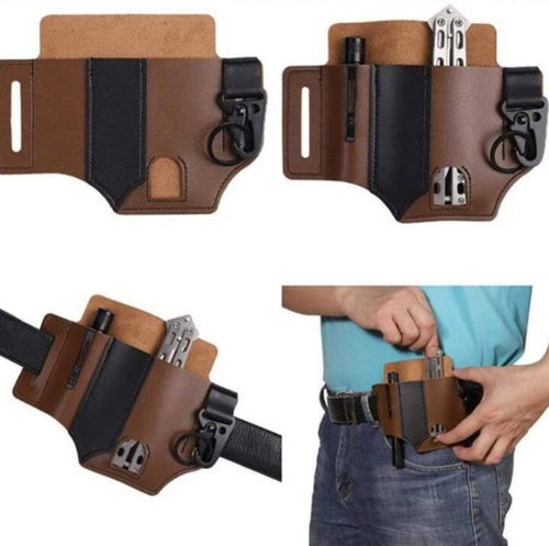 Multifunctional Leather Tool Case, Portable Belt Holster, EDC Leather Belt Organizer for Knives, Flashlights, Tactical Pens, Tools