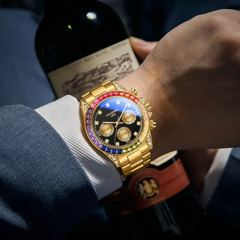 ⌚Shimmering Men's Business Fashion Rhinestone Decorated AnalogQuartz Watch Rainbow Crystal Chronograph Quartz Movement Luminous Date WaterResistant for Party Daily Wear Birthday