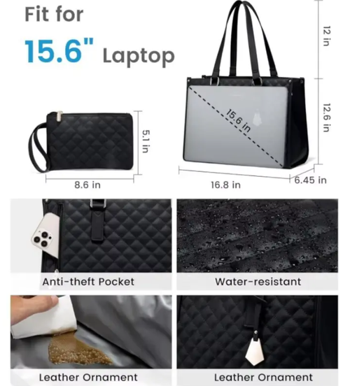 Large Women's Lunch Bags with Insulated Compartment 15.6inch Laptop Tote Bag with Leakproof Lunch Box Pocket Work Bag Handbag