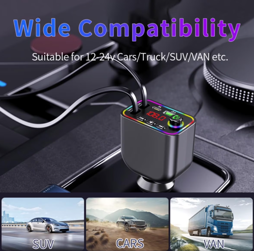 Y4 MP3 4-in-1 Multifunctional Car Charger Digital Display Fast Charging Retractable Cable with Charging Adapter