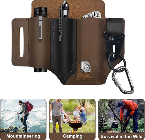 Multifunctional Leather Tool Case, Portable Belt Holster, EDC Leather Belt Organizer for Knives, Flashlights, Tactical Pens, Tools