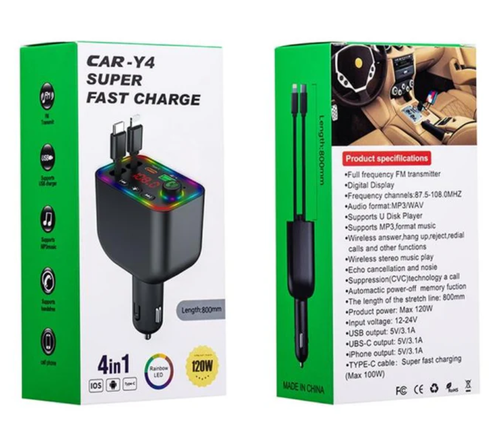 Y4 MP3 4-in-1 Multifunctional Car Charger Digital Display Fast Charging Retractable Cable with Charging Adapter