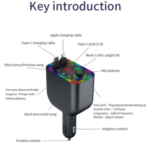 Y4 MP3 4-in-1 Multifunctional Car Charger Digital Display Fast Charging Retractable Cable with Charging Adapter