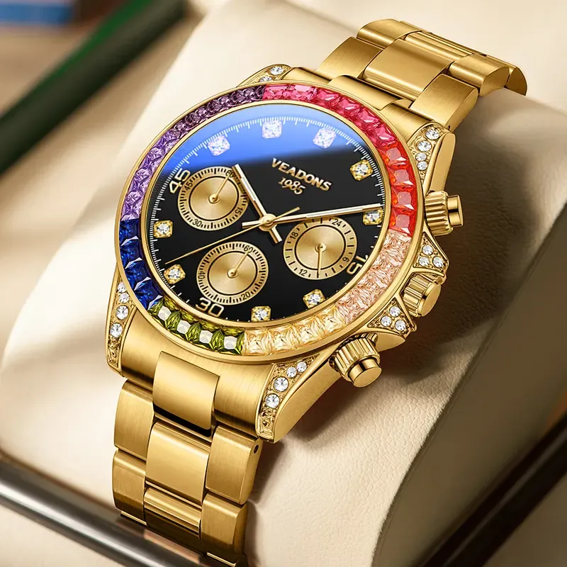 ⌚Shimmering Men's Business Fashion Rhinestone Decorated AnalogQuartz Watch Rainbow Crystal Chronograph Quartz Movement Luminous Date WaterResistant for Party Daily Wear Birthday
