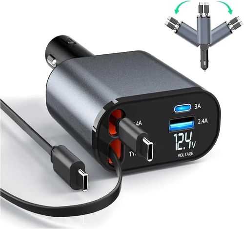 Fast Retractable Car Charger Type C Car Charger Fast Charge PD 120W 2 Retractable 4 in 1 Cables and USB Port Car Charger Adapter