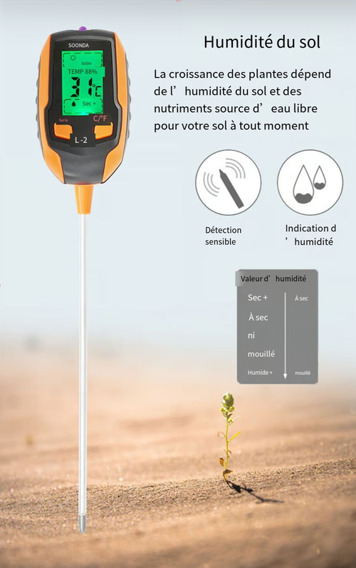 Testeur de sol numérique 4 en 1, grand écran LCD, sonde pour une mesure rapide et précise