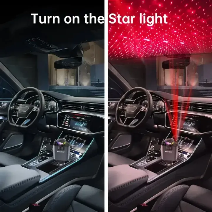 Nouveau chargeur de voiture 4 en 1 avec ciel étoilé LED magique et aromathérapie | Câbles auto-rétractables | Deux ports USB
