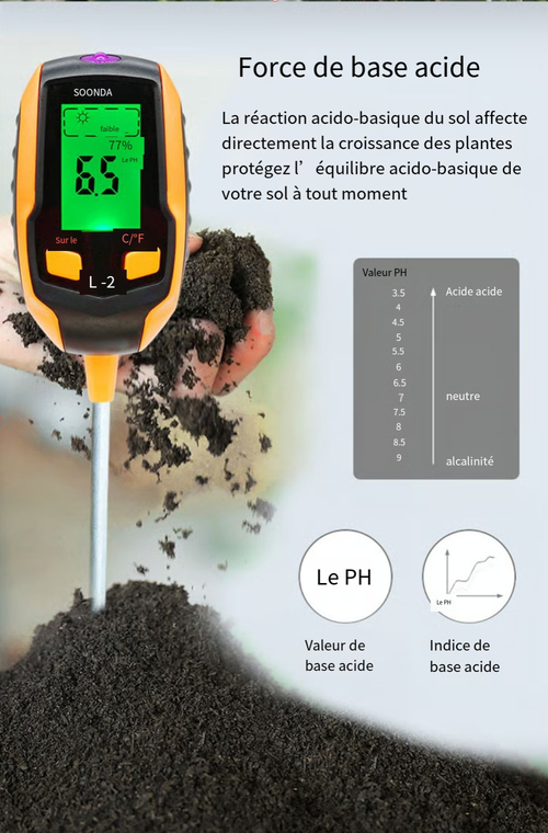 Testeur de sol numérique 4 en 1, grand écran LCD, sonde pour une mesure rapide et précise