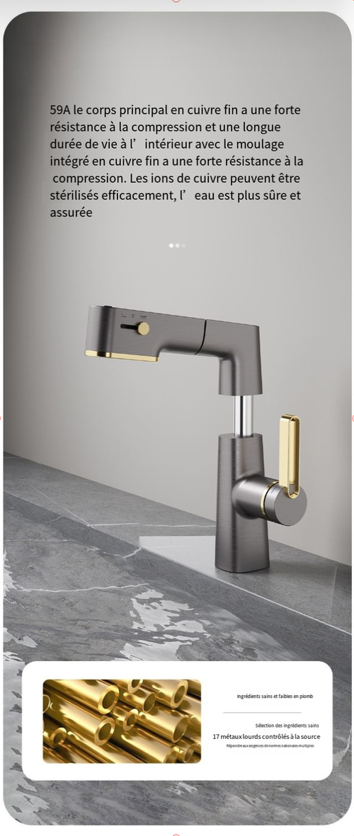 Robinet de lavabo extractible à affichage LED à 3 modes de débit d'eau