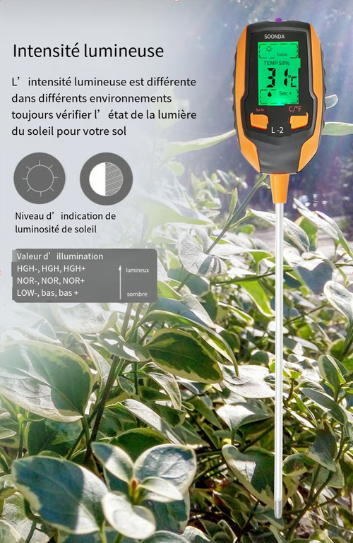 Testeur de sol numérique 4 en 1, grand écran LCD, sonde pour une mesure rapide et précise