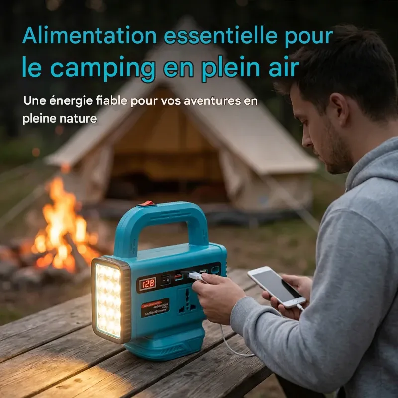 Convertisseur de puissance portable avec lampe de travail LED. Capacité de la batterie : 9 000 mAh