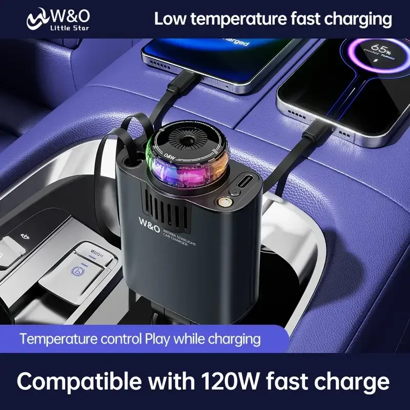 Nouveau chargeur de voiture 4 en 1 avec ciel étoilé LED magique et aromathérapie | Câbles auto-rétractables | Deux ports USB
