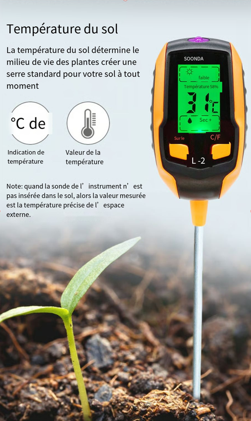 Testeur de sol numérique 4 en 1, grand écran LCD, sonde pour une mesure rapide et précise