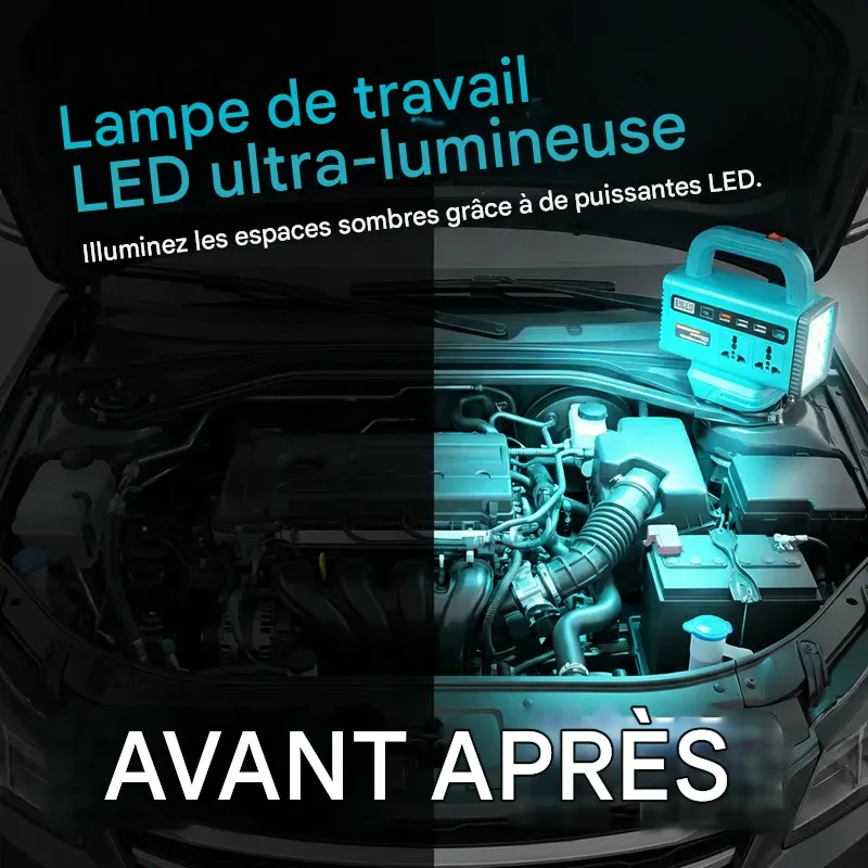 Convertisseur de puissance portable avec lampe de travail LED. Capacité de la batterie : 9 000 mAh