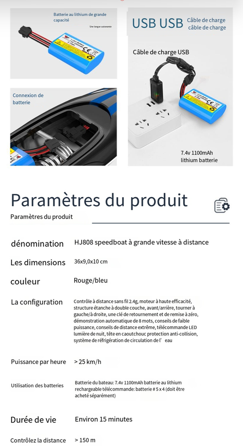 Bateau électrique télécommandé à grande vitesse pour piscines et lacs