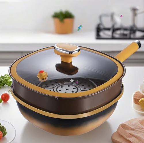 Poêle à fond plat en alliage de titane de 30 cm, wok, poêle antiadhésive, trois en un