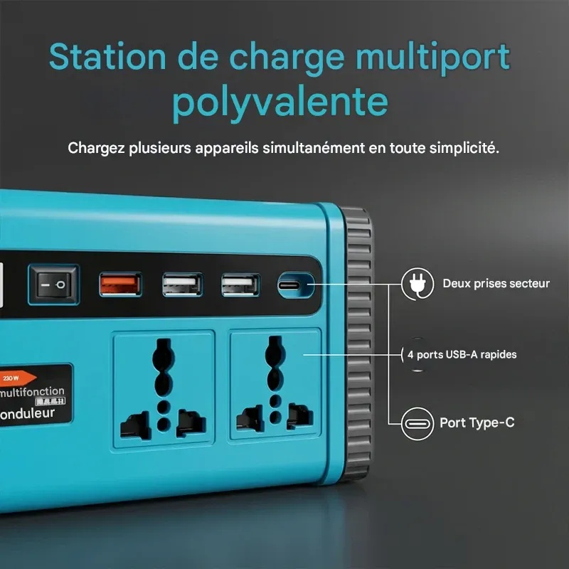 Convertisseur de puissance portable avec lampe de travail LED. Capacité de la batterie : 9 000 mAh