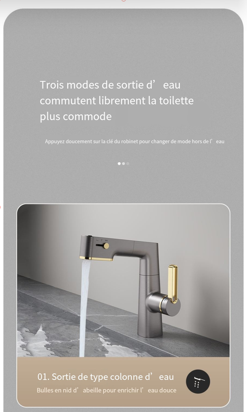 Robinet de lavabo extractible à affichage LED à 3 modes de débit d'eau