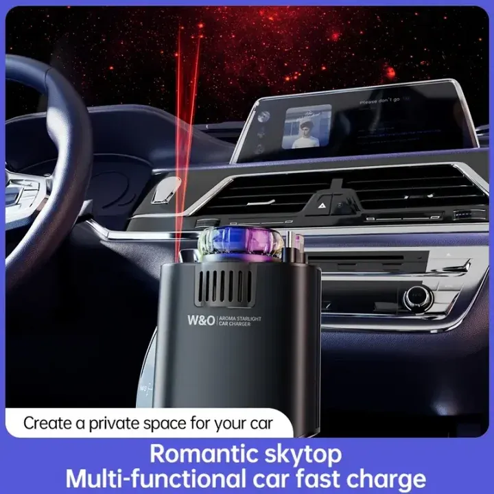 Nouveau chargeur de voiture 4 en 1 avec ciel étoilé LED magique et aromathérapie | Câbles auto-rétractables | Deux ports USB