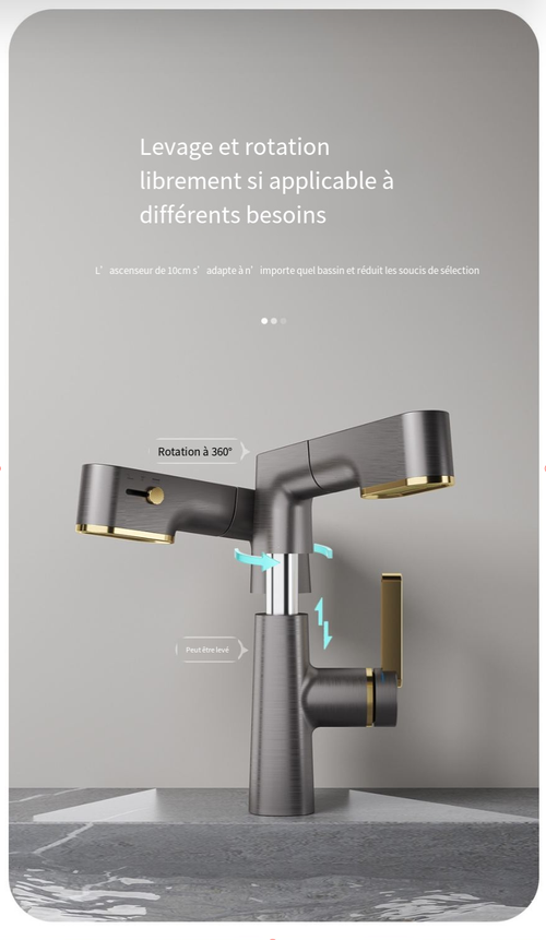 Robinet de lavabo extractible à affichage LED à 3 modes de débit d'eau